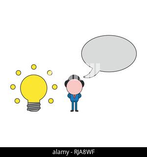 Vector illustration businessman character with glowing light bulb and blank speech bubble. Color and black outlines. Stock Vector