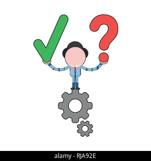 Vector illustration businessman character standing on gears and holding check mark and question mark. Color and black outlines. Stock Vector