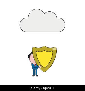 Vector illustration businessman character holding guard shield under cloud. Color and black outlines. Stock Vector