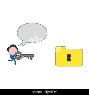 Vector illustration businessman character running and carrying key to unlock file folder keyhole with blank speech bubble. Color and black outlines. Stock Vector