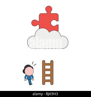 Vector illustration businessman character with short wooden ladder and looking missing puzzle piece on cloud. Color and black outlines. Stock Vector