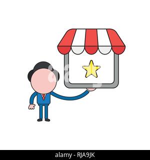 Vector illustration businessman character holding shop store with star. Color and black outlines. Stock Vector