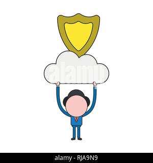 Vector illustration businessman character holding up cloud with guard shield. Color and black outlines. Stock Vector