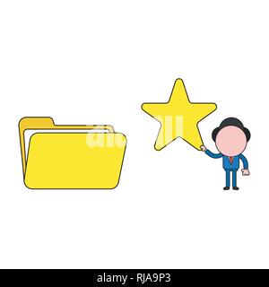 Vector illustration businessman character holding star to open file folder. Color and black outlines. Stock Vector