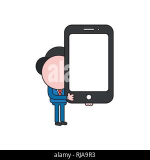 Vector illustration businessman character holding smartphone. Color and black outlines. Stock Vector