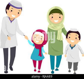 Illustration of a Muslim Stickman Family Walking Together Stock Photo