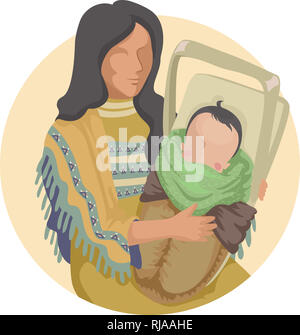 Illustration of a Native American Indian Mother Carrying Her Baby in a Child Carrier. Papoose Stock Photo