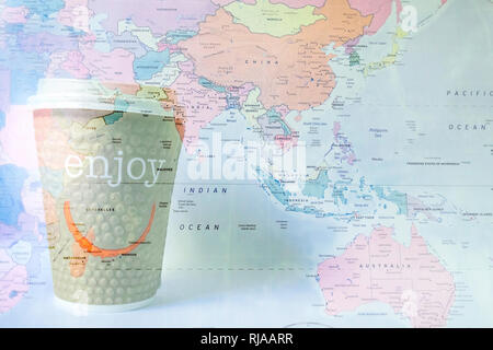 Smile and enjoys travels to Asia and Australia map Stock Photo