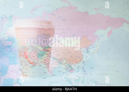 Smile and enjoys travels to Asia map Stock Photo
