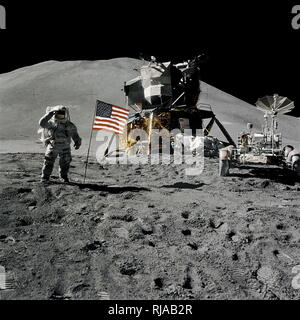 Apollo 15 Astronauts Deploy First Lunar Roving Vehicle on the surface of the moon. July 31, 1971 Stock Photo