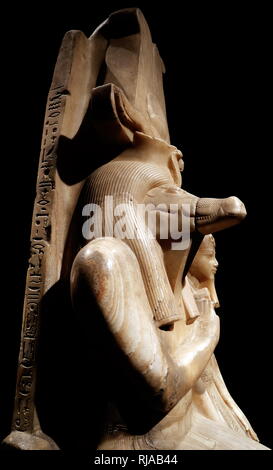 Calcite statue of Sobek and Amenhotep III, Luxor Museum, Luxor, Egypt. Amenhotep III (Amenophis III), also known as Amenhotep the Magnificent, was the ninth pharaoh of the Eighteenth Dynasty. ruled Egypt from June 1386 to 1349 BC. Sobek was the God of the River Nile. Stock Photo