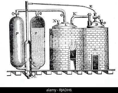 An engraving depicting Thomas Savery's steam engine of 1699 used for pumping water from mines. Double furnaces (right) with boilers, whose steam passes to cylinders (p,p). It is next cooled, which causes a partial vacuum in p,p that sucks up water through pipe M. Thomas Savery (1650-1715)  an English inventor and engineer. Dated 19th century Stock Photo