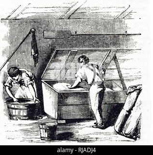 An engraving depicting a baker kneading dough in a trough. The through had a lid so that the mixture could be covered and left to rise. Dated 19th century Stock Photo