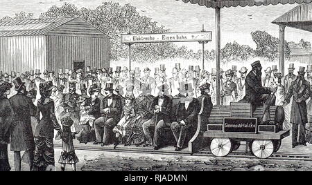 An engraving depicting the first successful electric railway by Siemens and Halske at the Industrial Exhibition, Berlin (1879). Siemens & Halske AG was a German electrical engineering company that later became part of Siemens. Dated 19th century Stock Photo