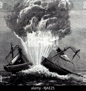 Illustration depicting the first trial of a torpedo fired by the Nautilus submarine; 1905. It destroyed the Danish ship 'Dorothée' provided by the British Admiralty, in Walmer Bay, in front of Prime Minister William Pitt. The designer of the Nautilus was Robert Fulton (1765 – 1815); an American engineer and inventor. In 1800, he was commissioned by Napoleon Bonaparte to attempt to design Nautilus, which was the first practical submarine in history. He is also credited with inventing some of the world's earliest naval torpedoes for use by the British Royal Navy Stock Photo