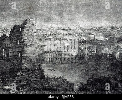 19th century illustration showing industrial smog over Dudley caused by smoke from the town's Iron Foundries. 1853 Stock Photo