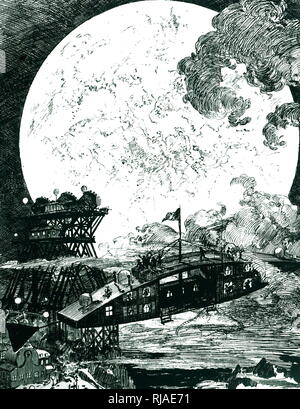 Illustration showing astronauts leaving the Pic du Midi Observatory, to colonize the Moon. Drawn by Albert Robida (1848 – 1926); French illustrator, etcher, lithographer, caricaturist, and novelist. He edited and published La Caricature magazine for 12 years. Through the 1880s he wrote an acclaimed trilogy of futuristic novels. Illustration from Robida's 'Le Vingtieme Siècle' (1883). Stock Photo