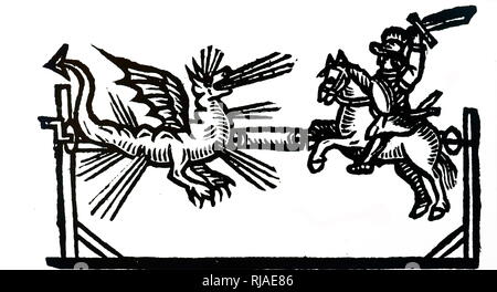 17th-century illustration of a firework showing St George and the Dragon. 1658 Stock Photo