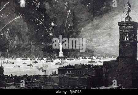 An engraving depicting the fireworks display at the inauguration of the Statue of Liberty. Dated 19th century Stock Photo