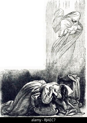19th century English illustration of a weeping mother as she mourns the death of her baby. An angel of death carries the child away. 1886 Stock Photo