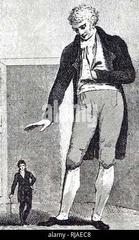 Illustration of Joseph Boruwalski and giant Patrick Cotter O'Brien 1805. Patrick O’Brien (1760-1806), born Patrick Cotter in Kinsale, Ireland in 1760, grew to the height of over eight foot and became known as the Irish Giant and the Bristol Giant. The dwarf Joseph Boruwalski (1739-1837) was born in Poland in 1739, adopted by a local official when he was nine and was later acquired by Countess Humiecka. When he was fifteen she took him to Vienna, and in 1760 to Paris where he started his career as a curiosity. He was presented to the future King George IV. Stock Photo