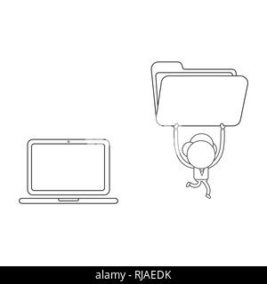 Vector illustration businessman character running from laptop computer and carrying open file folder. Black outline. Stock Vector