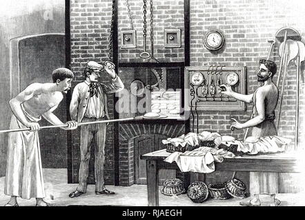 An engraving depicting an electrically heated bread oven at Rey's Bakery, Montauban, France. These were heated by F. Le Roy's elements which were of wire wound around a ceramic base. Dated 20th century Stock Photo