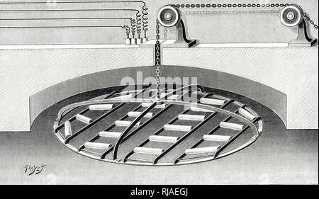 An engraving depicting an electrically heated bread oven at Rey's Bakery, Montauban, France. These were heated by F. Le Roy's elements which were of wire wound around a ceramic base. Dated 20th century Stock Photo