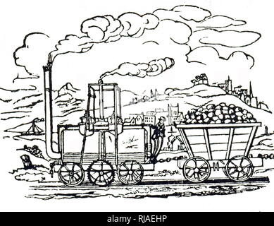 An engraving depicting a steam locomotive built by Matthew Murray for John Blenkinsop and used to haul coals from Middleton Colliery to Leeds. The middle wheel was cogged and worked on a rack rail. Matthew Murray (1765-1826) an English steam engine and machine tool manufacturer. John Blenkinsop (1783-1831) an English mining engineer and inventor of steam locomotives. Dated 19th century Stock Photo