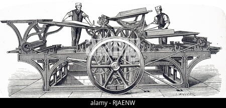 An engraving depicting a French double-cylinder book printing press with set-off and paper folding apparatus. Dated 19th century Stock Photo