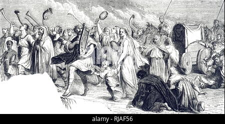 An engraving depicting King David and all the House of Israel playing and dancing as the Ark of the Covenant is brought into the city. Dated 19th century Stock Photo