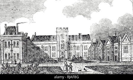 An engraving depicting the exterior of Dulwich College founded by Edward Alleyn in 1619. Edward 'Ned' Alleyn (1566-1626) an Elizabethan actor. Dated 19th century Stock Photo
