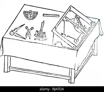 A woodcut engraving depicting a drawing table showing a graduated T-square in use on a diagram. On the main table are compasses and  Levinus Hulsius' planimeter incorporating a magnetic compass.  Levinus Hulsius (1546-1606) a Belgian maker and dealer of scientific instruments; publisher and printer; linguist and lexicographer. Dated 17th century Stock Photo