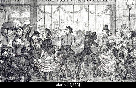 A cartoon depicting street urchins causing havoc in the crowd outside of a confectioner's and pastry cook's shop on Twelfth Night. Illustrated by George Cruikshank (1792-1878) a British caricaturist and book illustrator. Dated 19th century Stock Photo