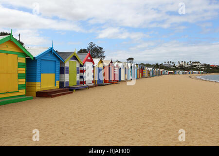 Visit Australia. Brighton Bathing Boxes in Melbourne, Victoria, Australia on the beach of Port Phillip Bay Stock Photo