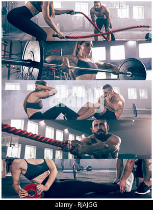 Collage about man with battle rope and woman in the fitness gym. The gym, sport, rope, training, athlete, workout, exercises concept Stock Photo