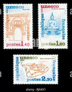 French postage stamps celebrating Unesco designated heritage sites in Morocco, Thailand and Saint-Elme. 1981 Stock Photo