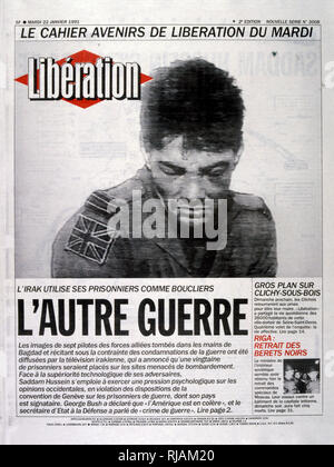 Headline in 'Liberation' a French newspaper, 22nd January 1991, concerning  Squadron Leader John Peters (born 1961) pilot of the Royal Air Force captured on his first mission during Operation Desert Storm. After capture he was shown, bruised and apparently beaten, on television. At the end of the war, he was released and returned to the RAF for a further ten years.  codenamed Operation Desert Shield and Operation Desert Storm, the war waged by coalition forces from 35 nations led by the United States against Iraq in response to Iraq's invasion and annexation of Kuwait. Below is a report on the Stock Photo