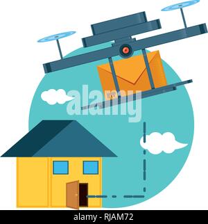 drone flying with envelope and house vector illustration design Stock Vector