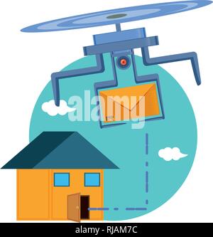 drone flying with envelope and house vector illustration design Stock Vector