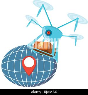 drone technology with box carton and sphere planet vector illustration ...