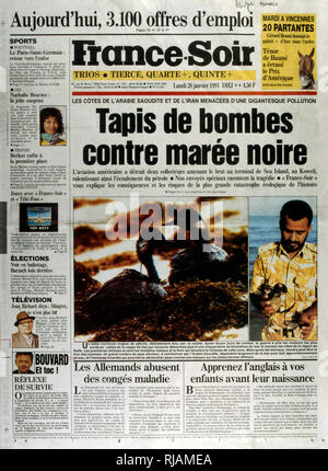 Front Page of the French publication 'France-Soir' reporting the environmental impact of the Gulf War; January 1991.  The Gulf War (2 August 1990 - 28 February 1991), codenamed Operation Desert Shield and Operation Desert Storm, was a war waged by coalition forces from 35 nations led by the United States against Iraq in response to Iraq's invasion and annexation of Kuwait. Stock Photo