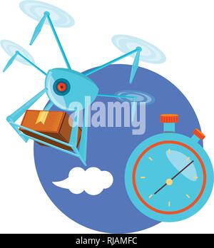 drone technology with box carton and chronometer vector illustration ...