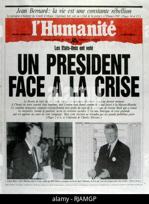 Headline in the French newspaper 'L'Humanite' concerning the United States Presidential Election November 1992. Incumbent President George Bush lost against Governor Bill Clinton. Stock Photo