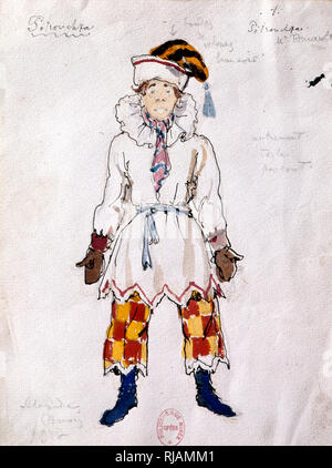 Costume design by Benois, for the Russian Ballet 'Petrushka' 1910-11. The Ballet was composed by Igor Stravinsky. Michel Fokine choreographed the ballet; Benois designed the sets and costumes. Petrushka was first performed by Sergei Diaghilev's Ballets Russes at the Theatre du Chatelet in Paris on 13 June 1911. Alexandre Nikolayevich Benois (1870 -  1960) was a Russian artist, art critic, historian, preservationist, and founding member of Mir iskusstva (World of Art), an art movement and magazine.