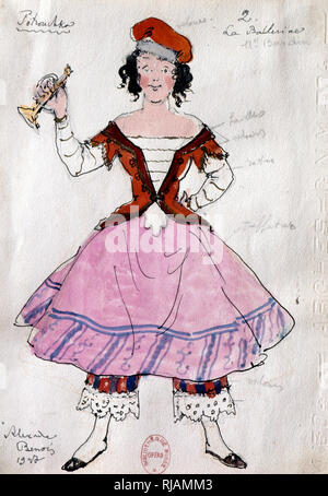Costume design by Benois, for the Russian Ballet 'Petrushka' 1910-11. The Ballet was composed by Igor Stravinsky. Michel Fokine choreographed the ballet; Benois designed the sets and costumes. Petrushka was first performed by Sergei Diaghilev's Ballets Russes at the Theatre du Chatelet in Paris on 13 June 1911. Alexandre Nikolayevich Benois (1870 -  1960) was a Russian artist, art critic, historian, preservationist, and founding member of Mir iskusstva (World of Art), an art movement and magazine.