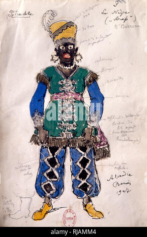 Costume design by Benois, for the Russian Ballet 'Petrushka' 1910-11. The Ballet was composed by Igor Stravinsky. Michel Fokine choreographed the ballet; Benois designed the sets and costumes. Petrushka was first performed by Sergei Diaghilev's Ballets Russes at the Theatre du Chatelet in Paris on 13 June 1911. Alexandre Nikolayevich Benois (1870 -  1960) was a Russian artist, art critic, historian, preservationist, and founding member of Mir iskusstva (World of Art), an art movement and magazine. Stock Photo