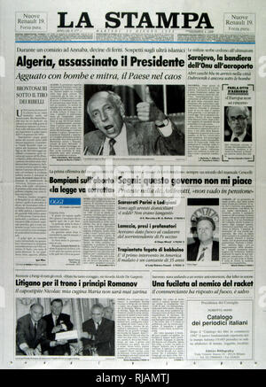 Front page of the  Italian publication 'La Stampa' after the assassination of the Algerian President Boudaif in 1992. Mohamed Boudaif (1919 - 1992), Algerian political leader. In February 1992, after a 27-year exile, the military invited him back to become chairman of the High Council of State (HCE) of Algeria, a figurehead body for the military junta. On June 29, 1992, Boudiaf's term as HCE chairman was cut short when he was assassinated by a bodyguard during a televised public speech at the opening of a cultural center in Annaba, on his first visit outside Algiers as head of state. Stock Photo