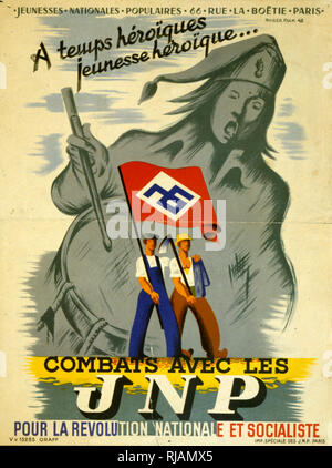 Propaganda poster for the French, Jeunesse Populaire Francaise,  a fascist youth movement created by Jacques Doriot and connected to his Parti Populaire Francais. It was established in October 1941 under the name l'Union de la Jeunesse Populaire Francaise (L'UJPF, The Union Of The French Popular Youth) and renamed to JPF in May 1942 when it merged with other smaller youth organizations Stock Photo