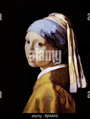 Girl with a Pearl Earring by Johannes Vermeer. c. 1665. Oil on canvas. Girl with a Pearl Earring is an oil painting by Dutch Golden Age painter Johannes Vermeer. It is a tronie of a girl wearing a headscarf and a pearl earring. Stock Photo